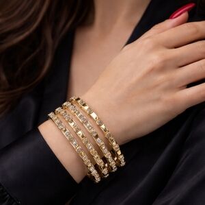 VINTAGE 80S GOLD TONE RHINESTONE HINGED CUFF BRACELET STATEMENT ARCHITECTURAL